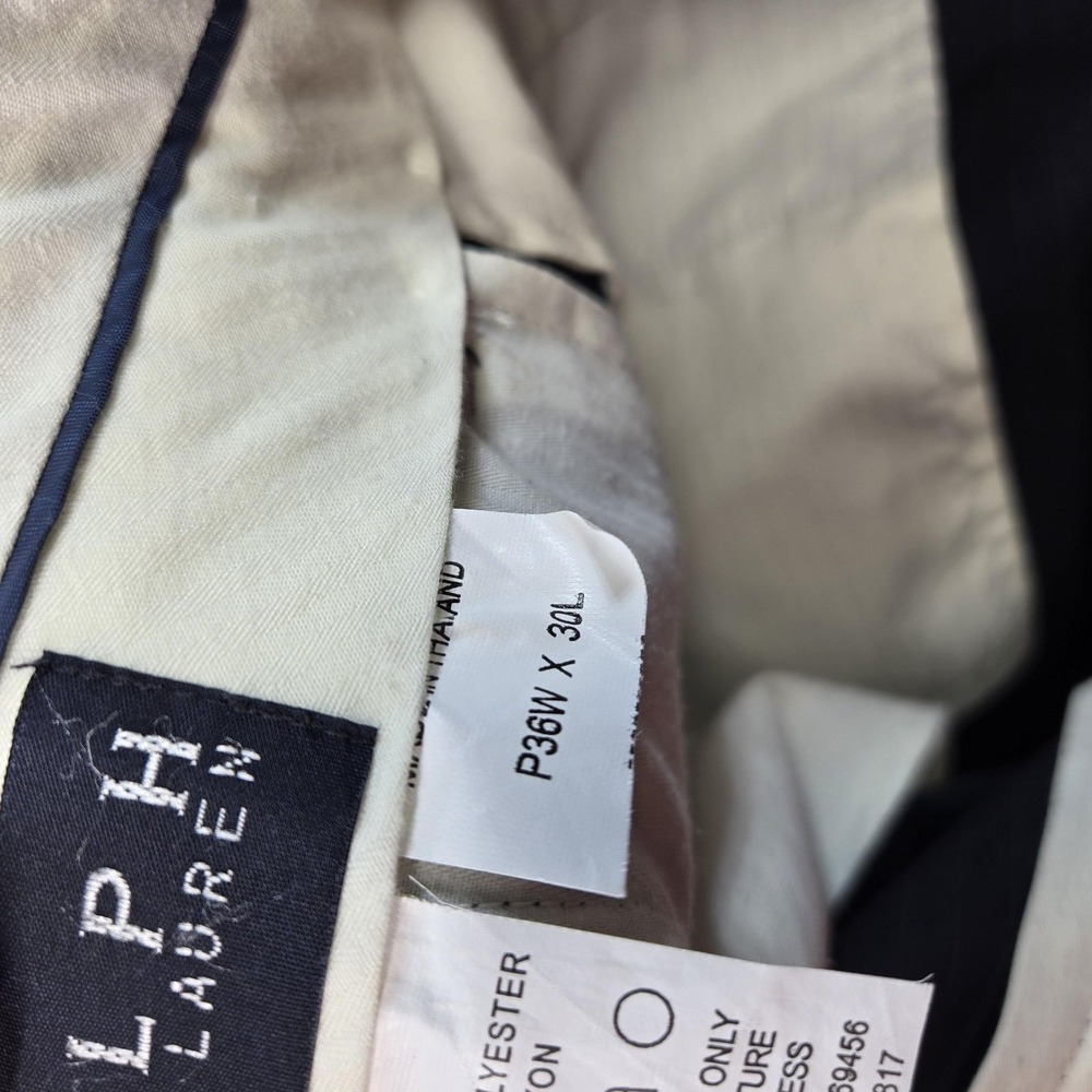 Ralph Lauren Suit Pants Mens 36x30 Black Striped Polyester Rayon Belted - Picture 10 of 10
